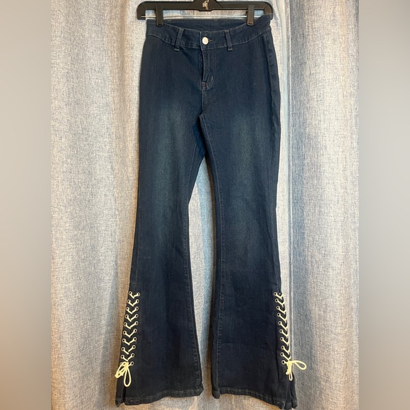 SHEIN Pants - SHEIN ICON Women's Criss Cross Strap High Waist Flared Bottom Jeans